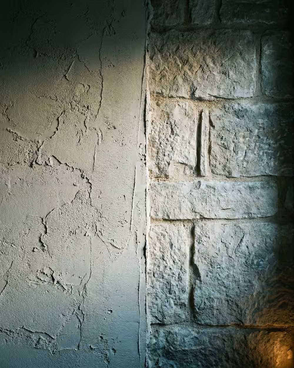 Mur ancien à moitié enduit, lumière du matin