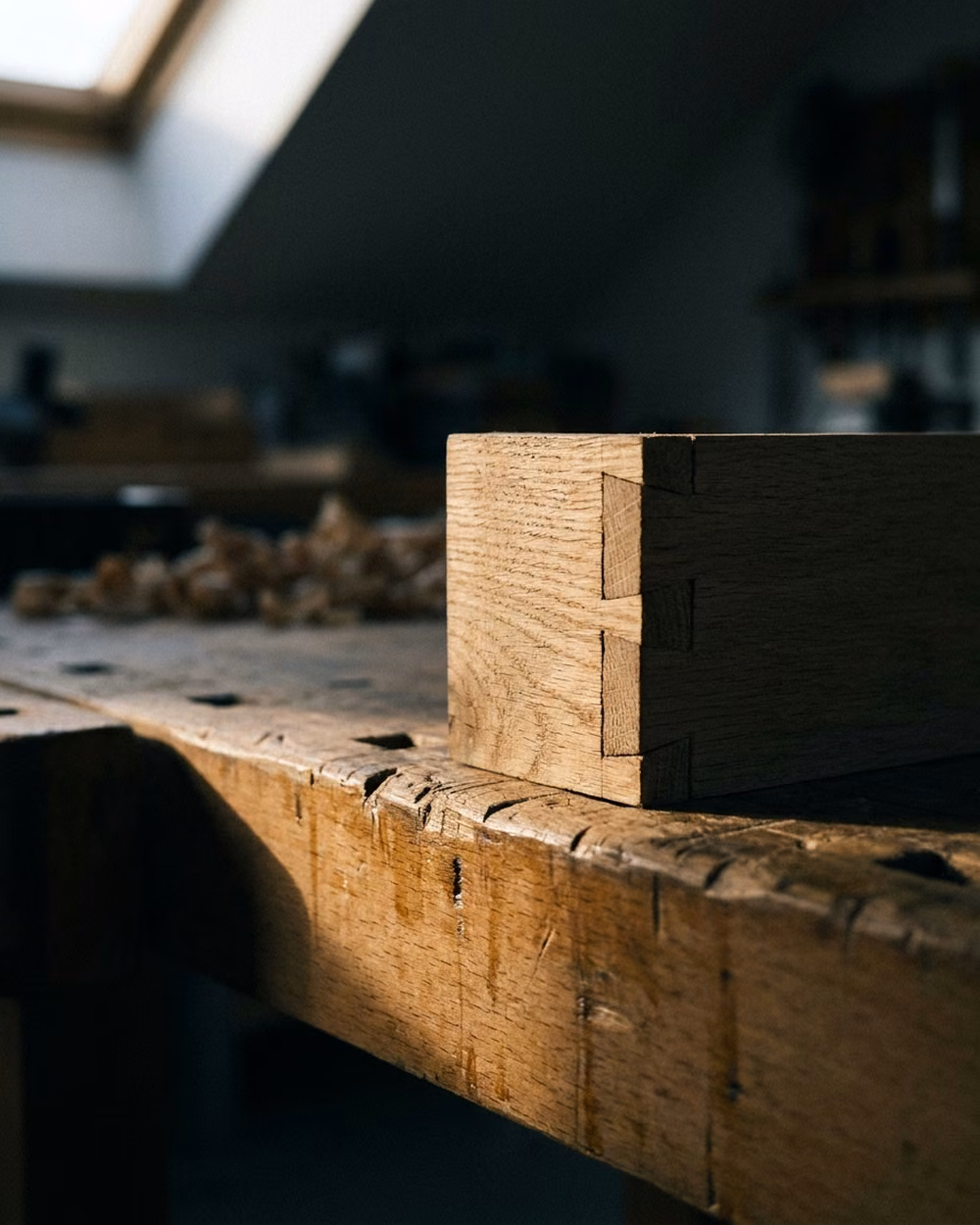 Établi d'ébéniste et pièce de bois au fil apparent